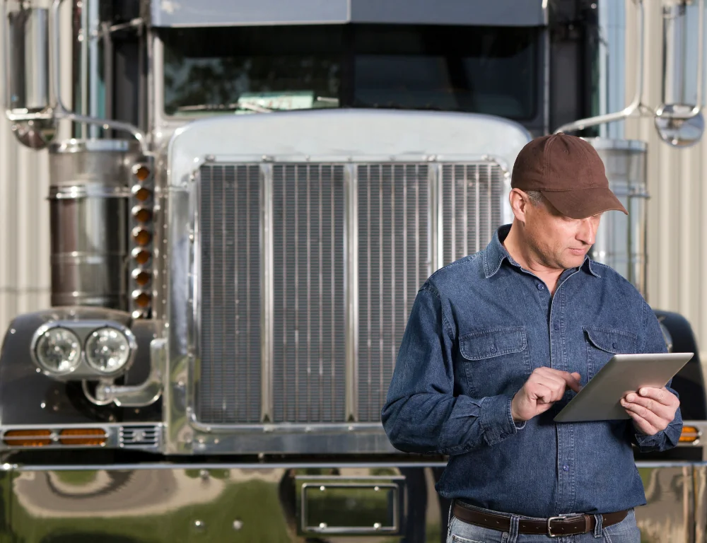 Load Board vs Freight Marketplace truck driver using tablet in front of his truck