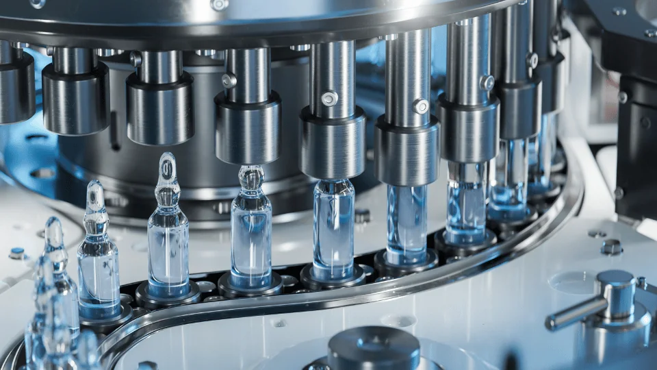 Close-up of Medical Ampoule Production Line at Modern Modern Pharmaceutical Factory