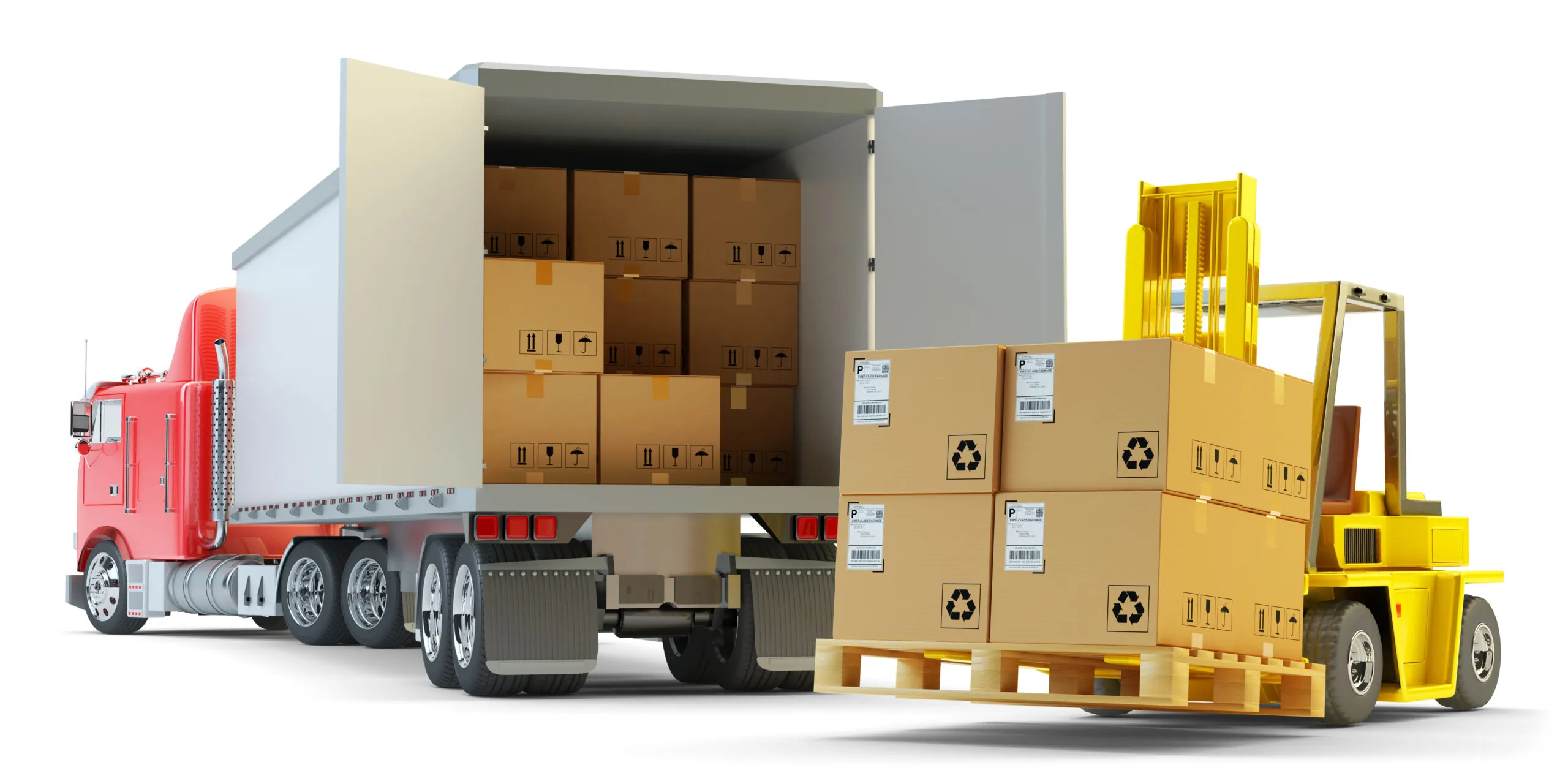 forklift loading a pallet of boxes into a box truck