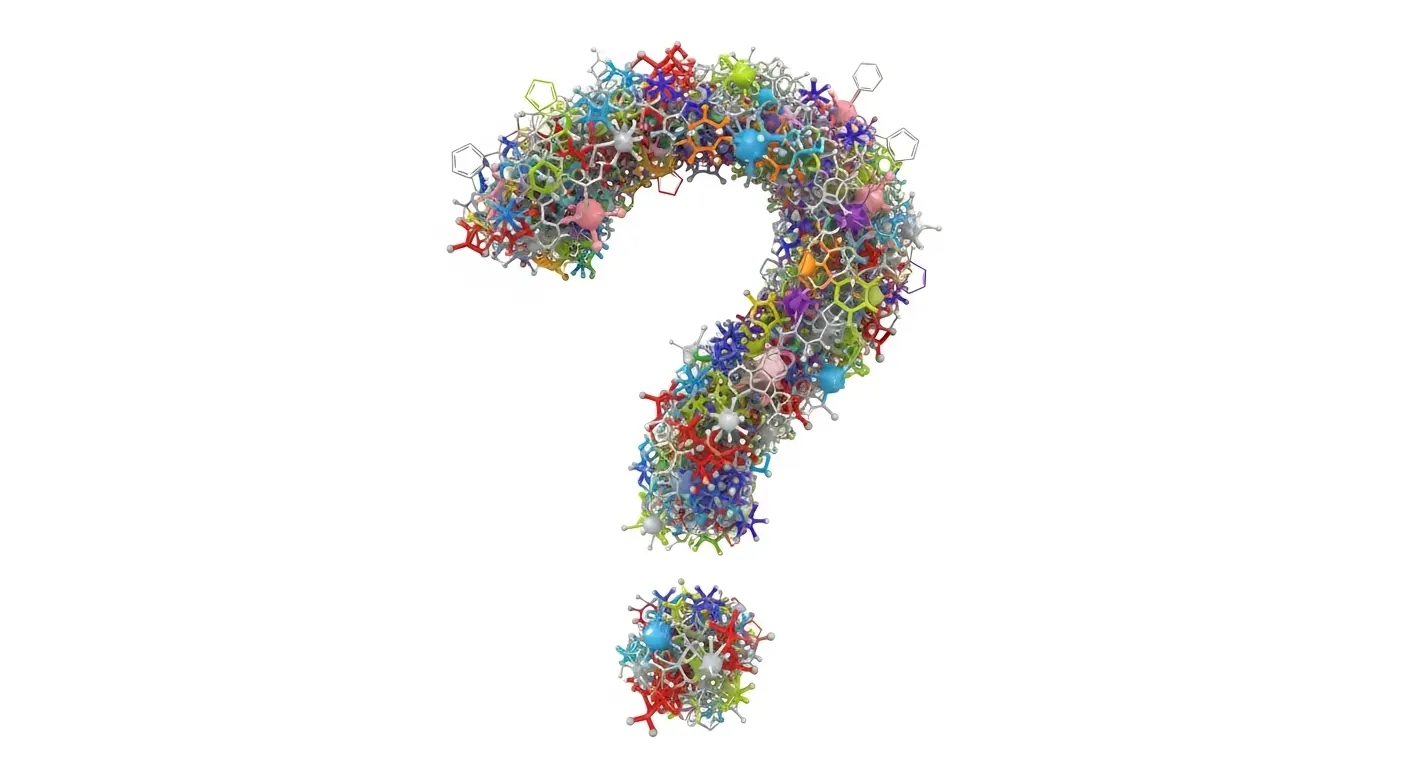 AI image of chemical intermediates in the shape of a question mark